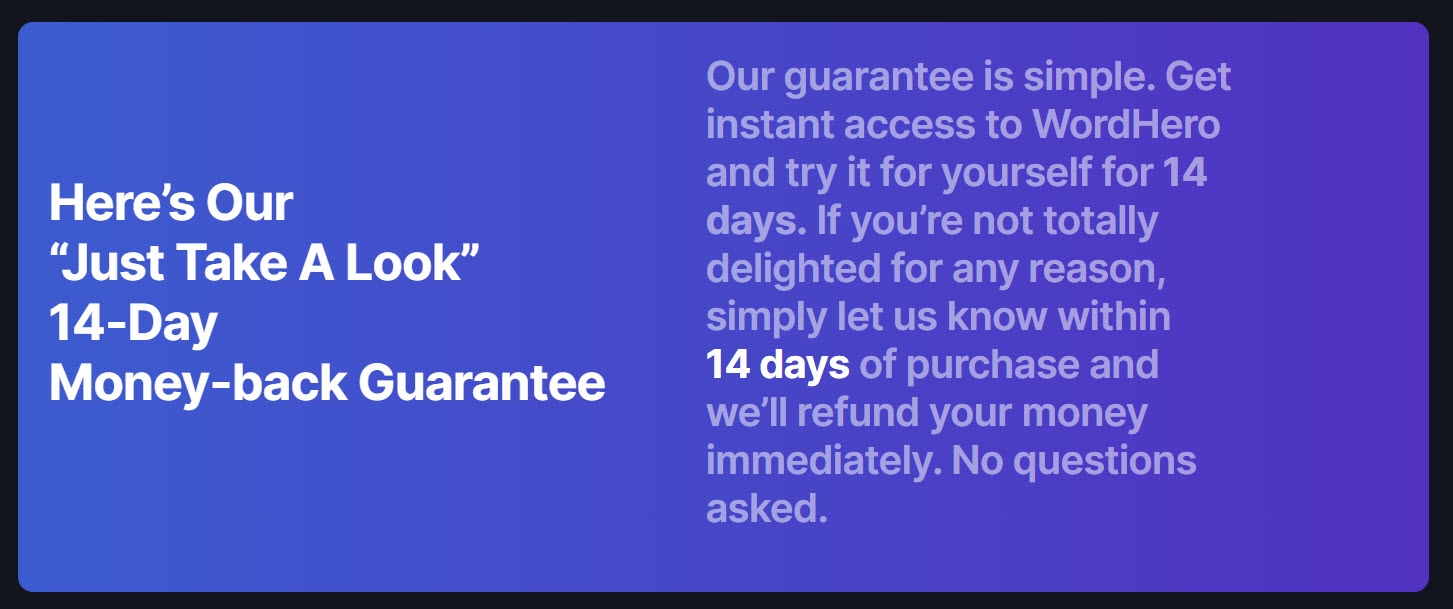 WordHero's money-back guarantee