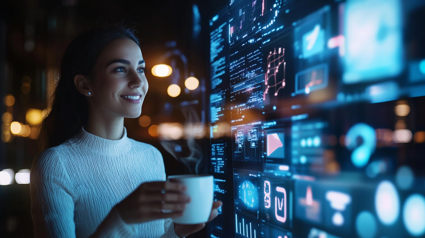 person reviewing digital dashboard, smiling with coffee