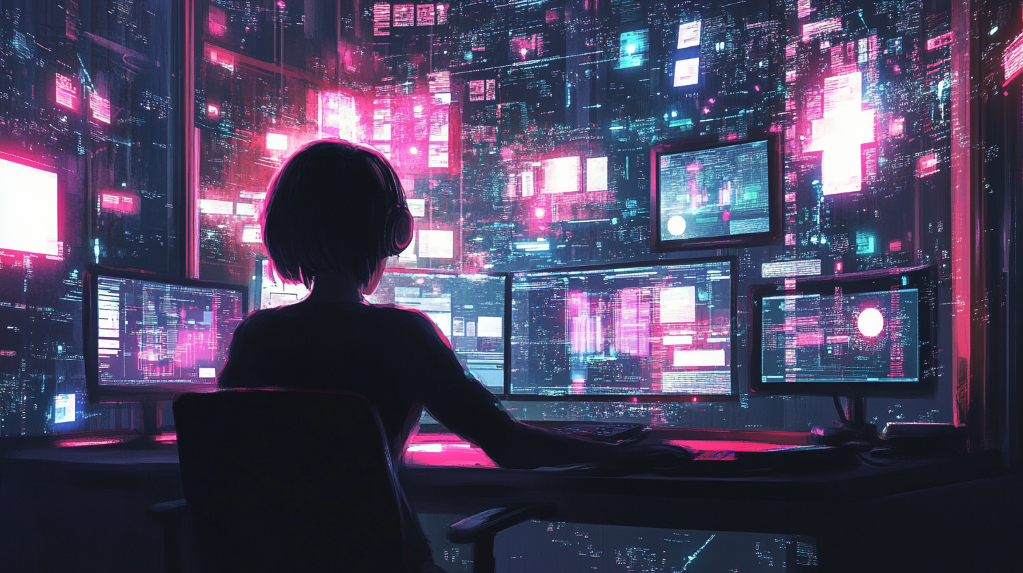 sitting at a desk with multiple screens